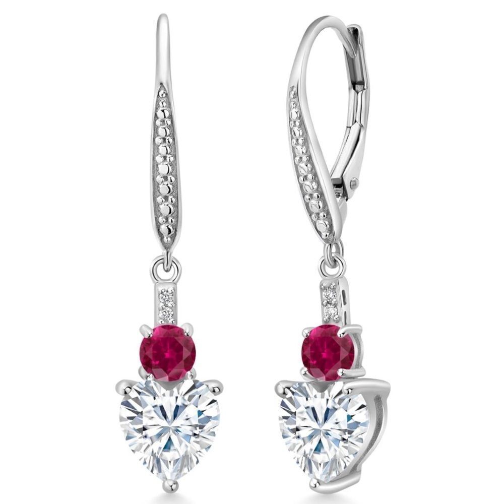 925 Sterling Silver with 3.13 Cttw Moissanite and Ruby Heart Drop Earrings